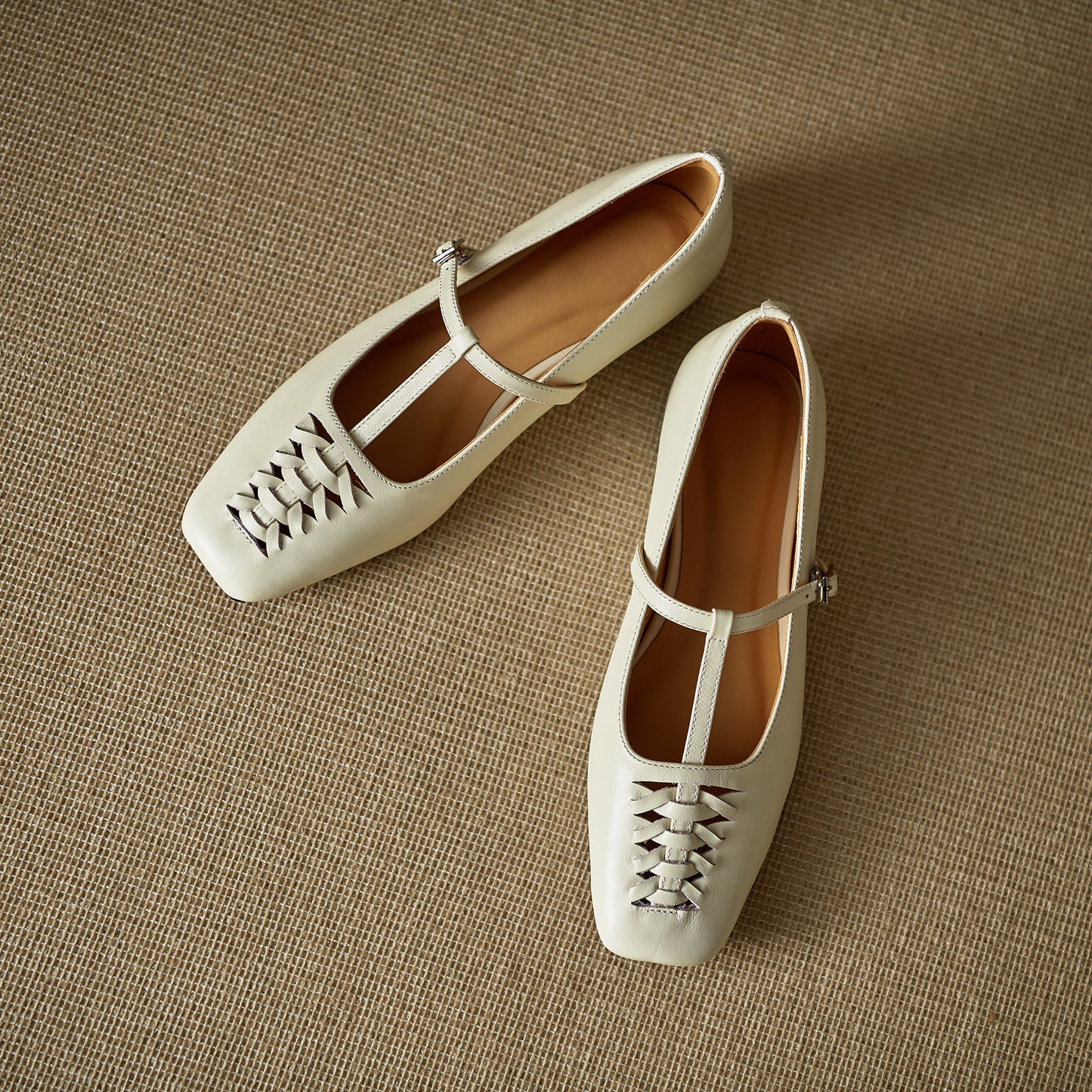 TinaCus Handmade Women's Genuine Leather Square Toe Hollow-out Woven T-strap Buckle Mary Jane Flats