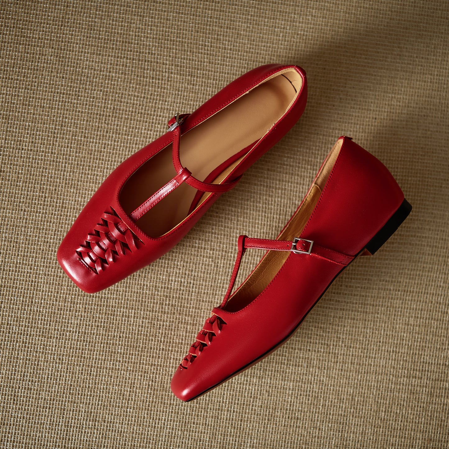 TinaCus Handmade Women's Genuine Leather Square Toe Hollow-out Woven T-strap Buckle Mary Jane Flats