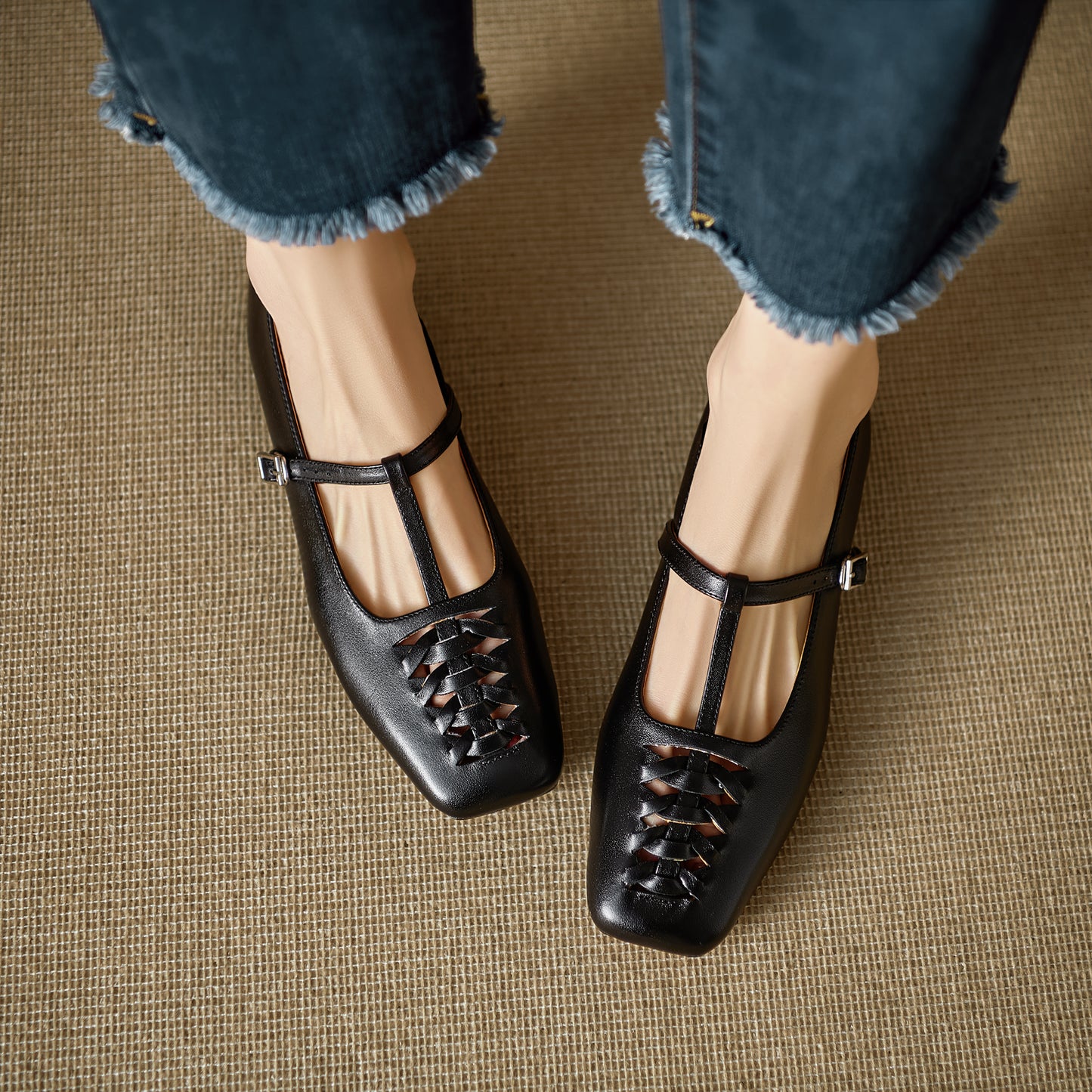 TinaCus Handmade Women's Genuine Leather Square Toe Hollow-out Woven T-strap Buckle Mary Jane Flats