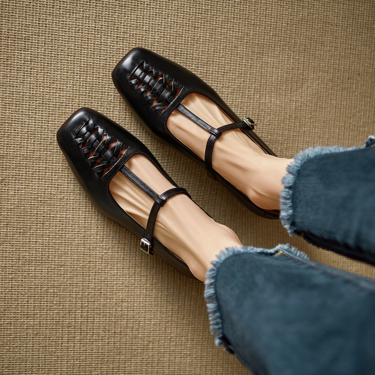 TinaCus Handmade Women's Genuine Leather Square Toe Hollow-out Woven T-strap Buckle Mary Jane Flats