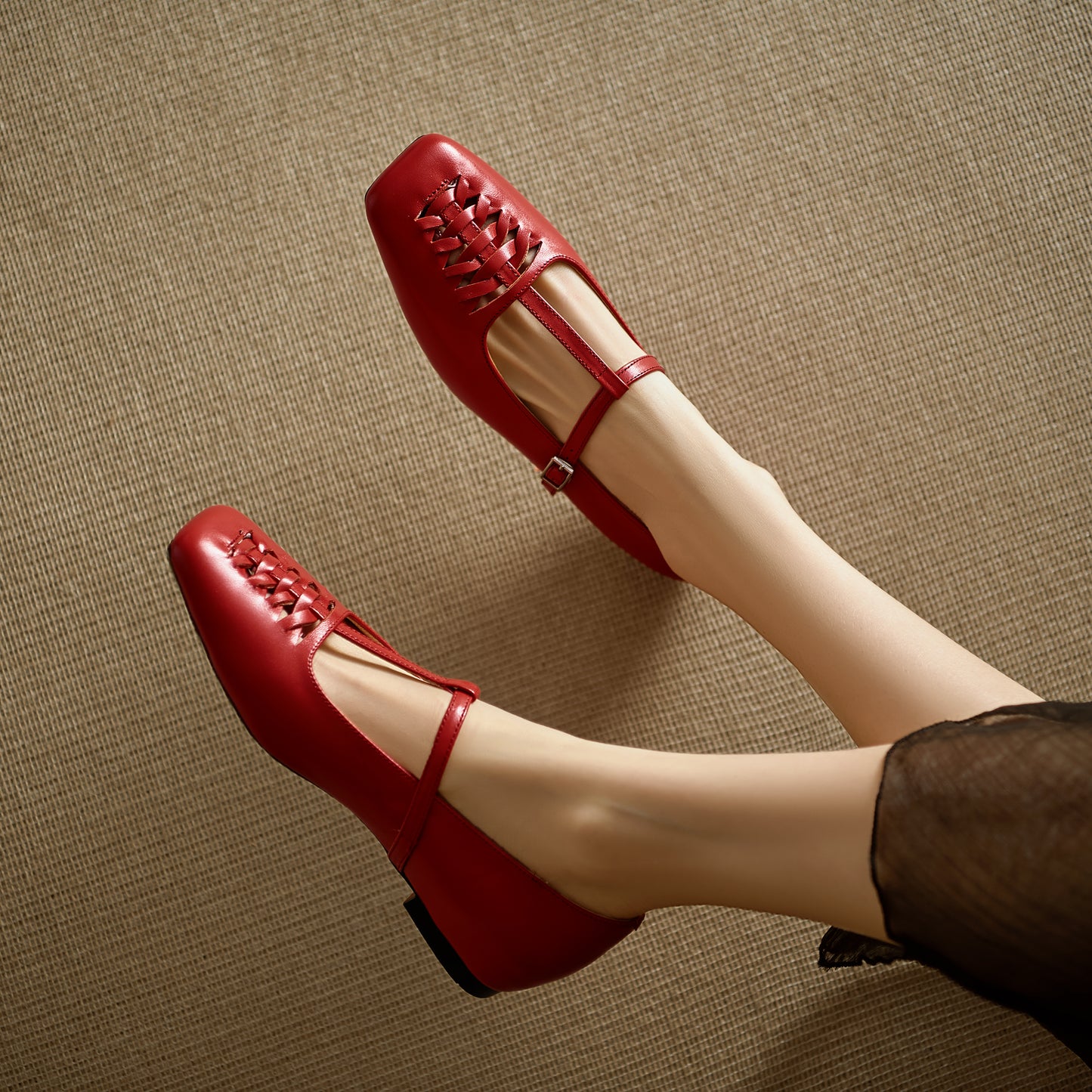 TinaCus Handmade Women's Genuine Leather Square Toe Hollow-out Woven T-strap Buckle Mary Jane Flats