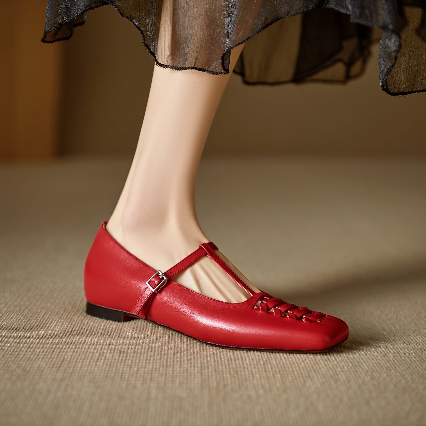 TinaCus Handmade Women's Genuine Leather Square Toe Hollow-out Woven T-strap Buckle Mary Jane Flats