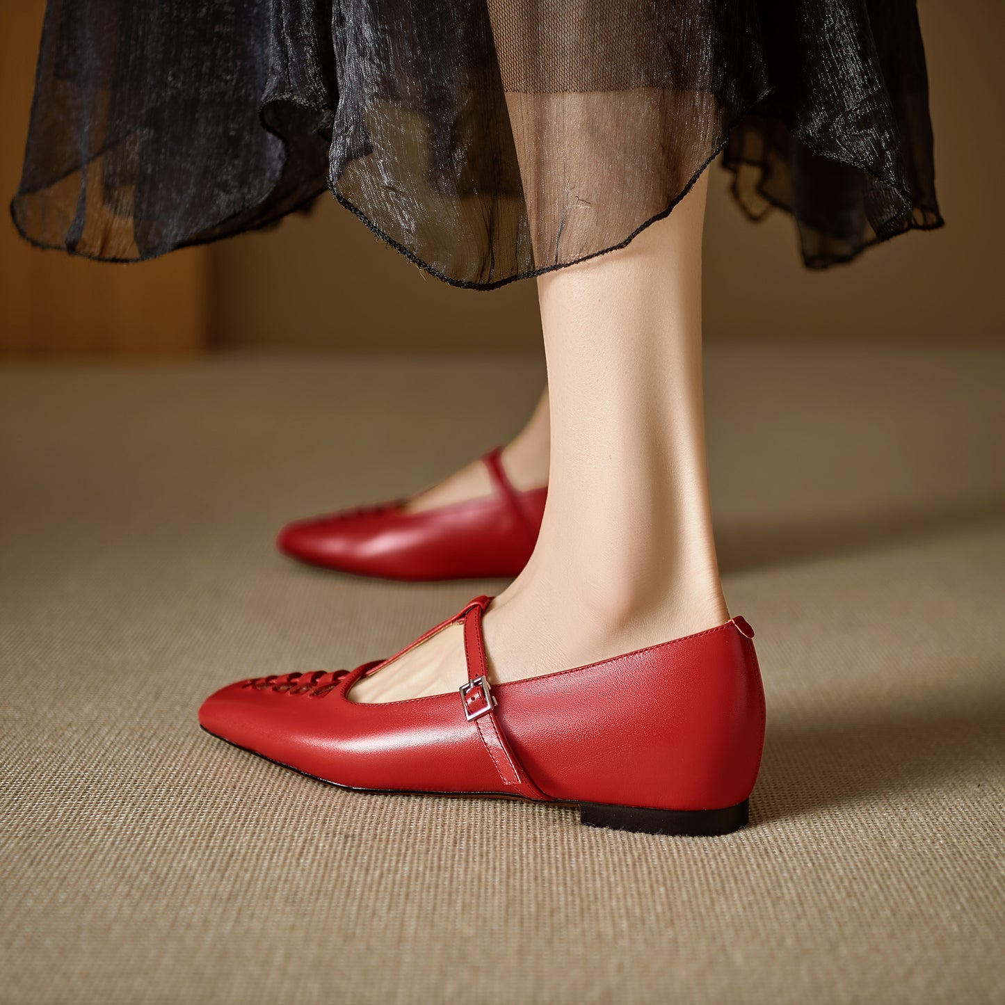 TinaCus Handmade Women's Genuine Leather Square Toe Hollow-out Woven T-strap Buckle Mary Jane Flats