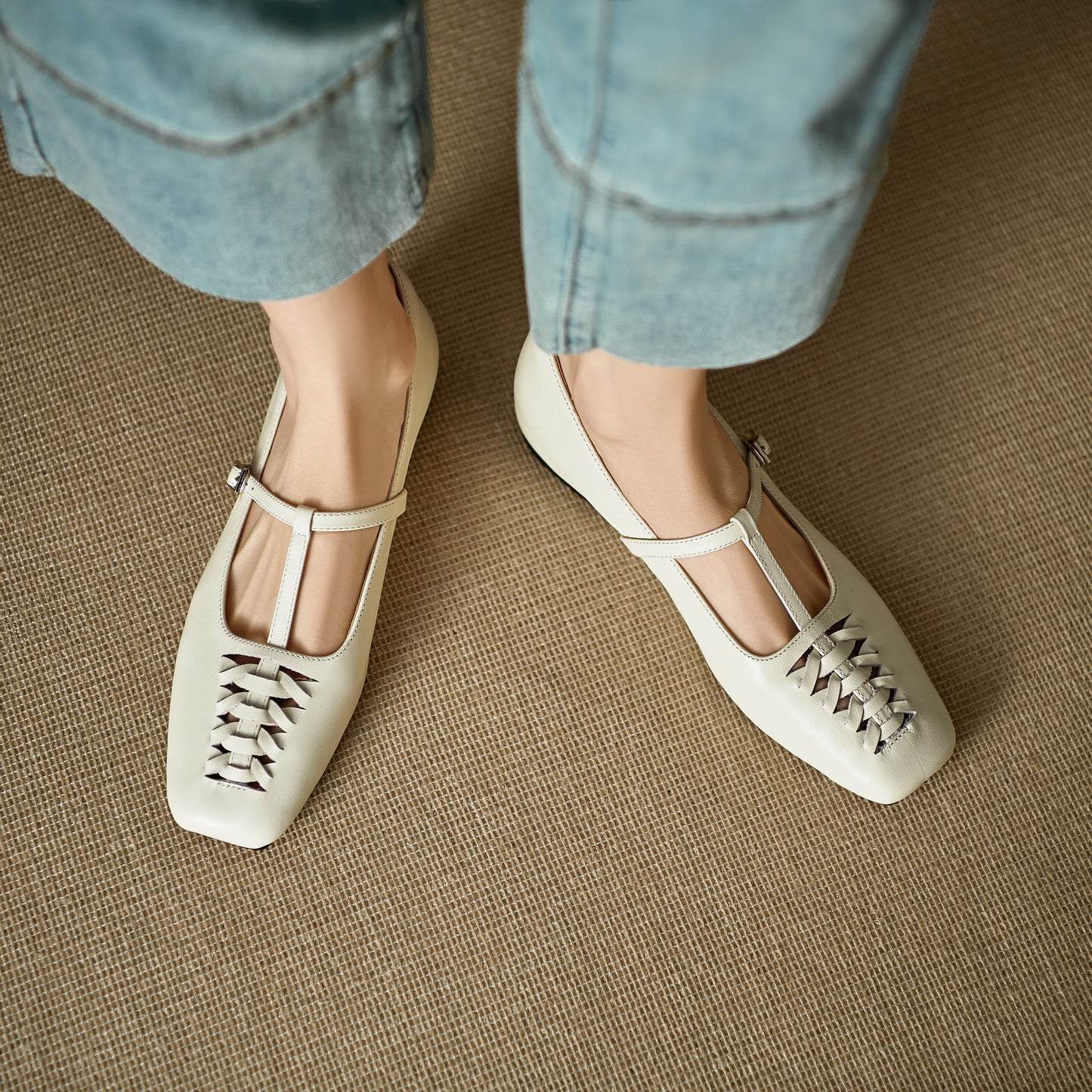 TinaCus Handmade Women's Genuine Leather Square Toe Hollow-out Woven T-strap Buckle Mary Jane Flats