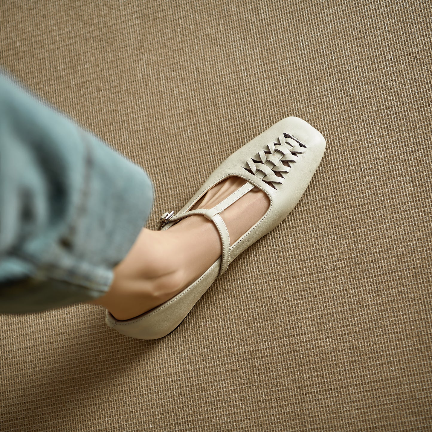 TinaCus Handmade Women's Genuine Leather Square Toe Hollow-out Woven T-strap Buckle Mary Jane Flats