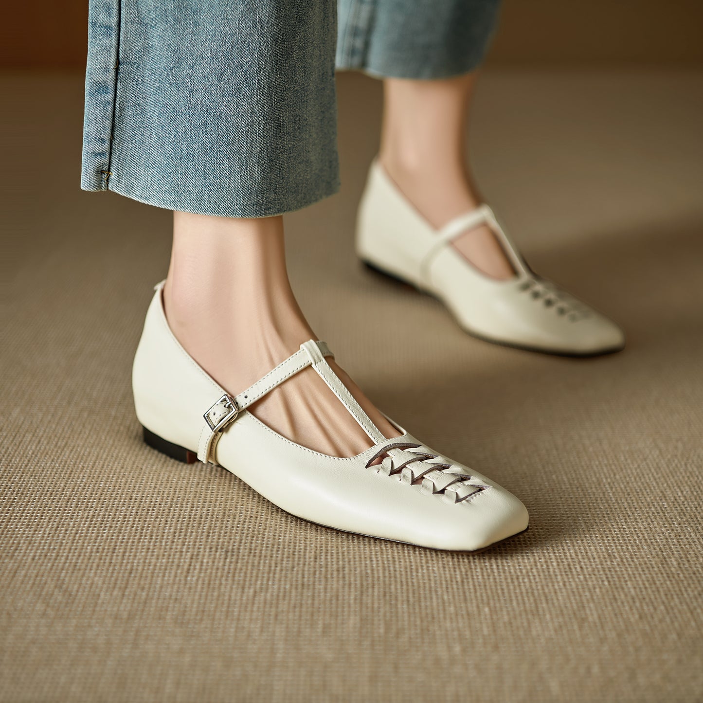 TinaCus Handmade Women's Genuine Leather Square Toe Hollow-out Woven T-strap Buckle Mary Jane Flats