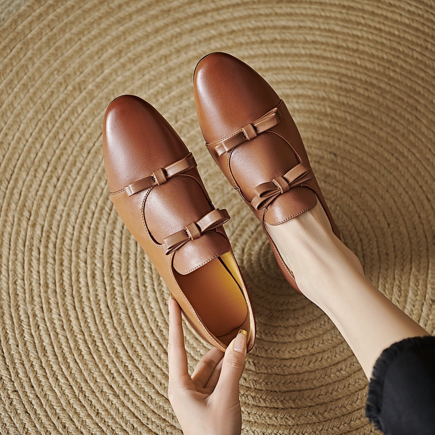 TinaCus Handmade Women's Genuine Leather Round Toe Double Bowknots Classic Loafer Shoes