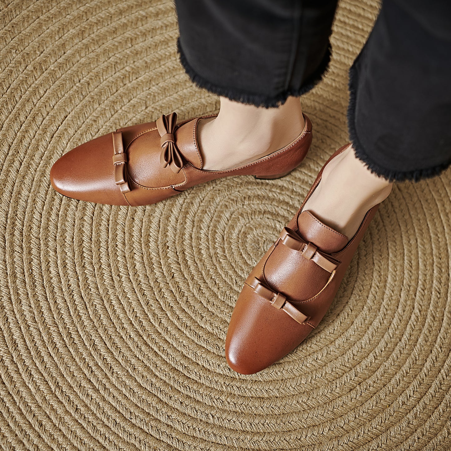 TinaCus Handmade Women's Genuine Leather Round Toe Double Bowknots Classic Loafer Shoes