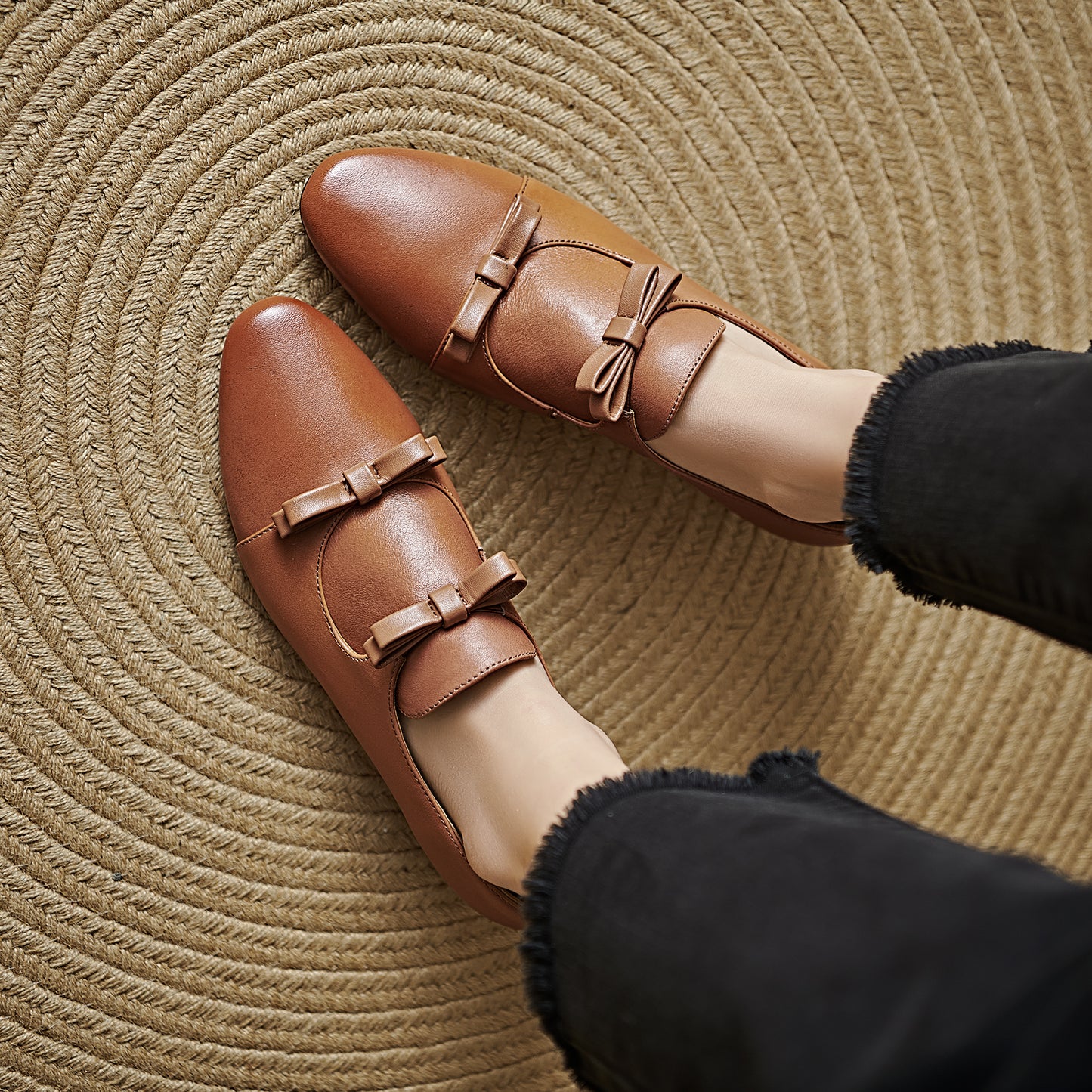 TinaCus Handmade Women's Genuine Leather Round Toe Double Bowknots Classic Loafer Shoes