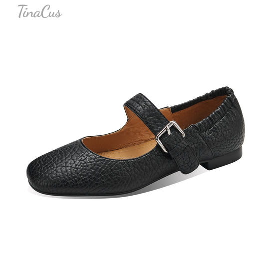 TinaCus Women's Buckle Strap Mary Jane Flats Genuine Leather Handmade Round Toe Casual Shoes