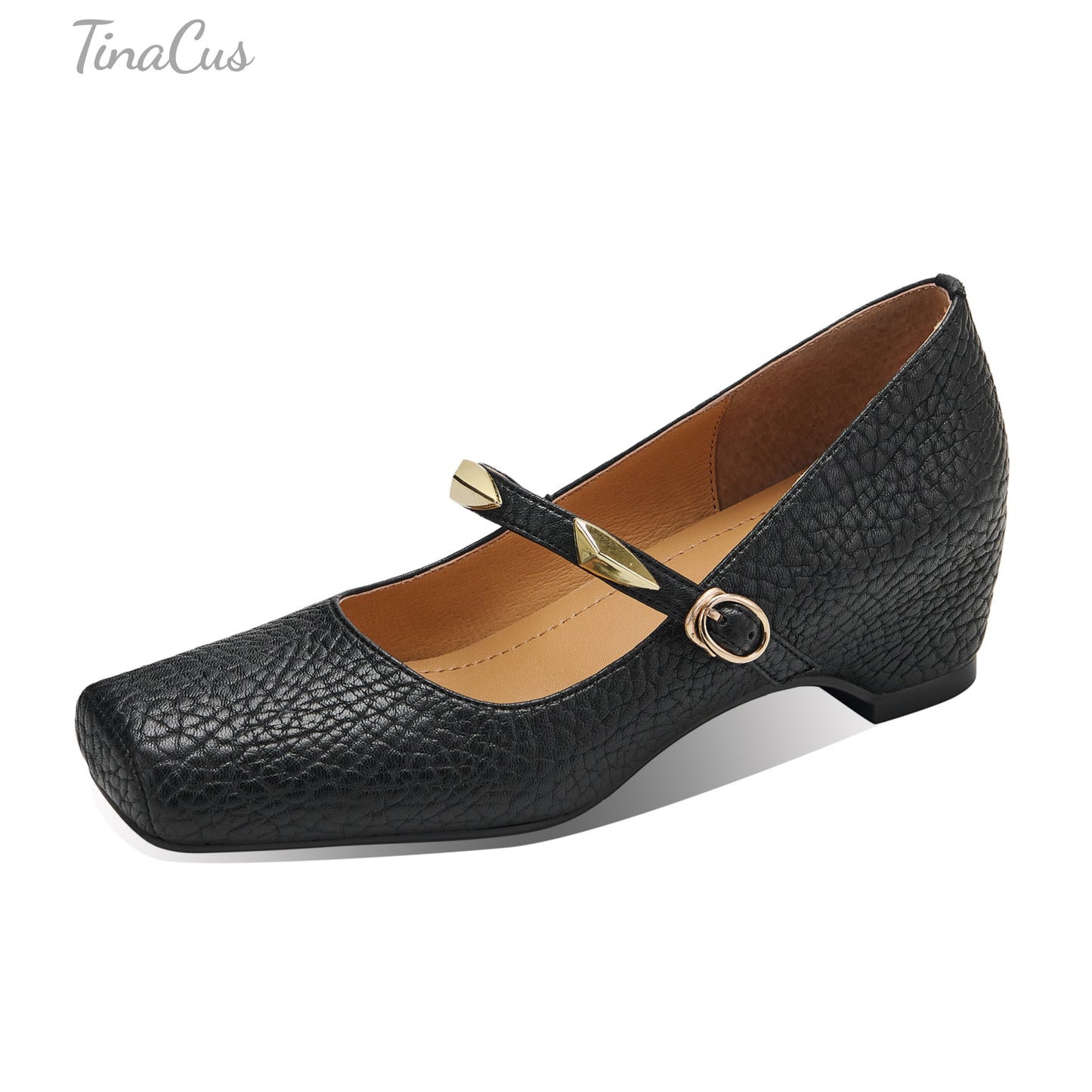 TinaCus Women's Square Toe Adjustable Buckle Pumps Genuine Leather Handmade Wedge Heel Mary Jane Shoes