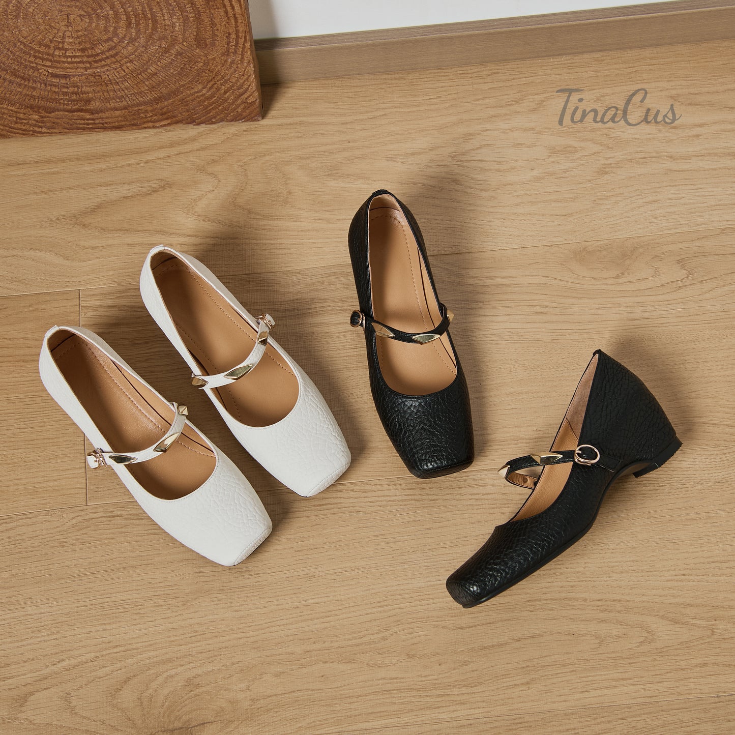 TinaCus Women's Square Toe Adjustable Buckle Pumps Genuine Leather Handmade Wedge Heel Mary Jane Shoes