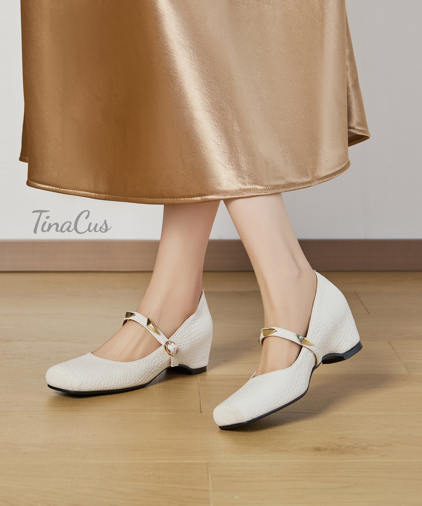TinaCus Women's Square Toe Adjustable Buckle Pumps Genuine Leather Handmade Wedge Heel Mary Jane Shoes