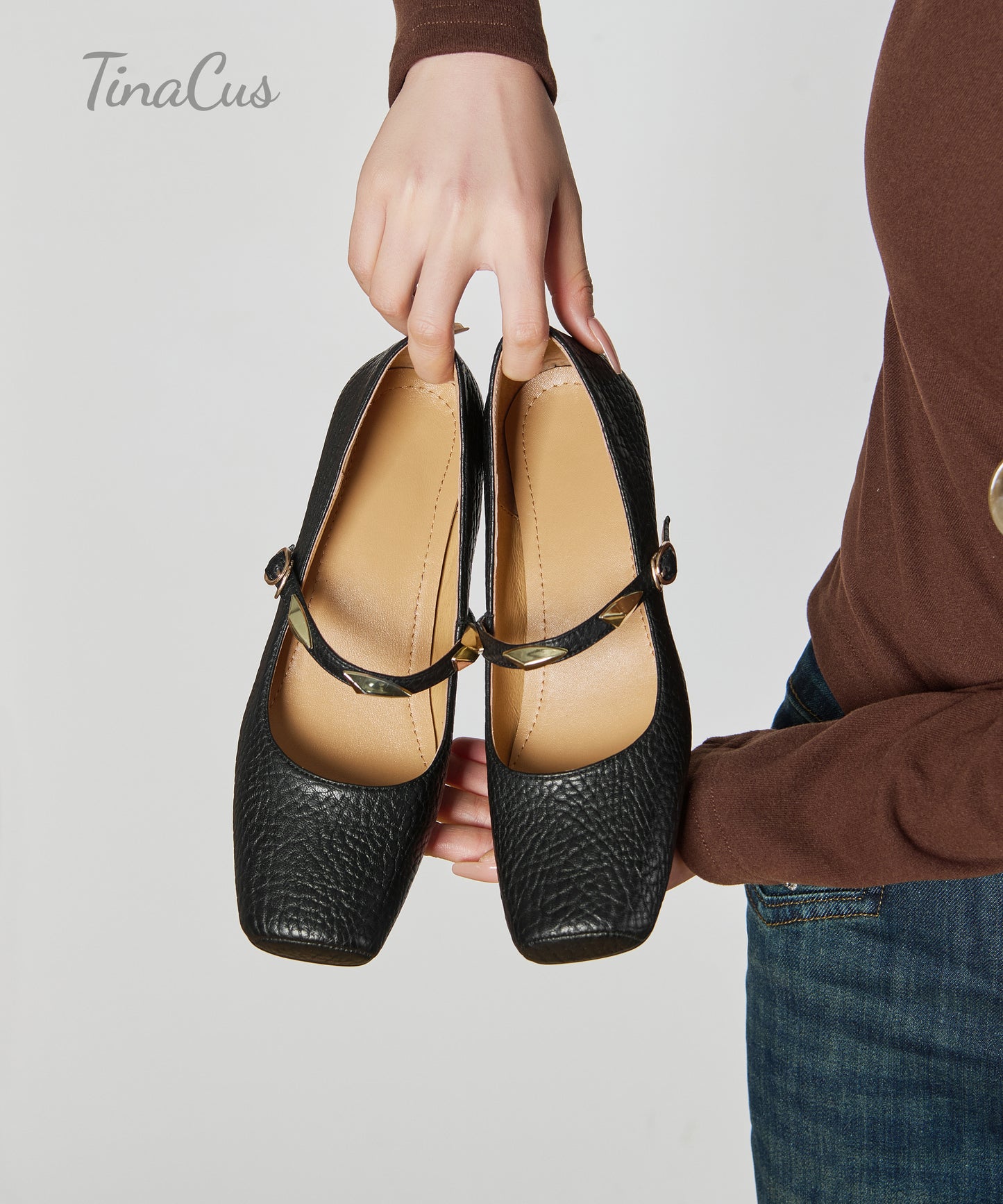 TinaCus Women's Square Toe Adjustable Buckle Pumps Genuine Leather Handmade Wedge Heel Mary Jane Shoes