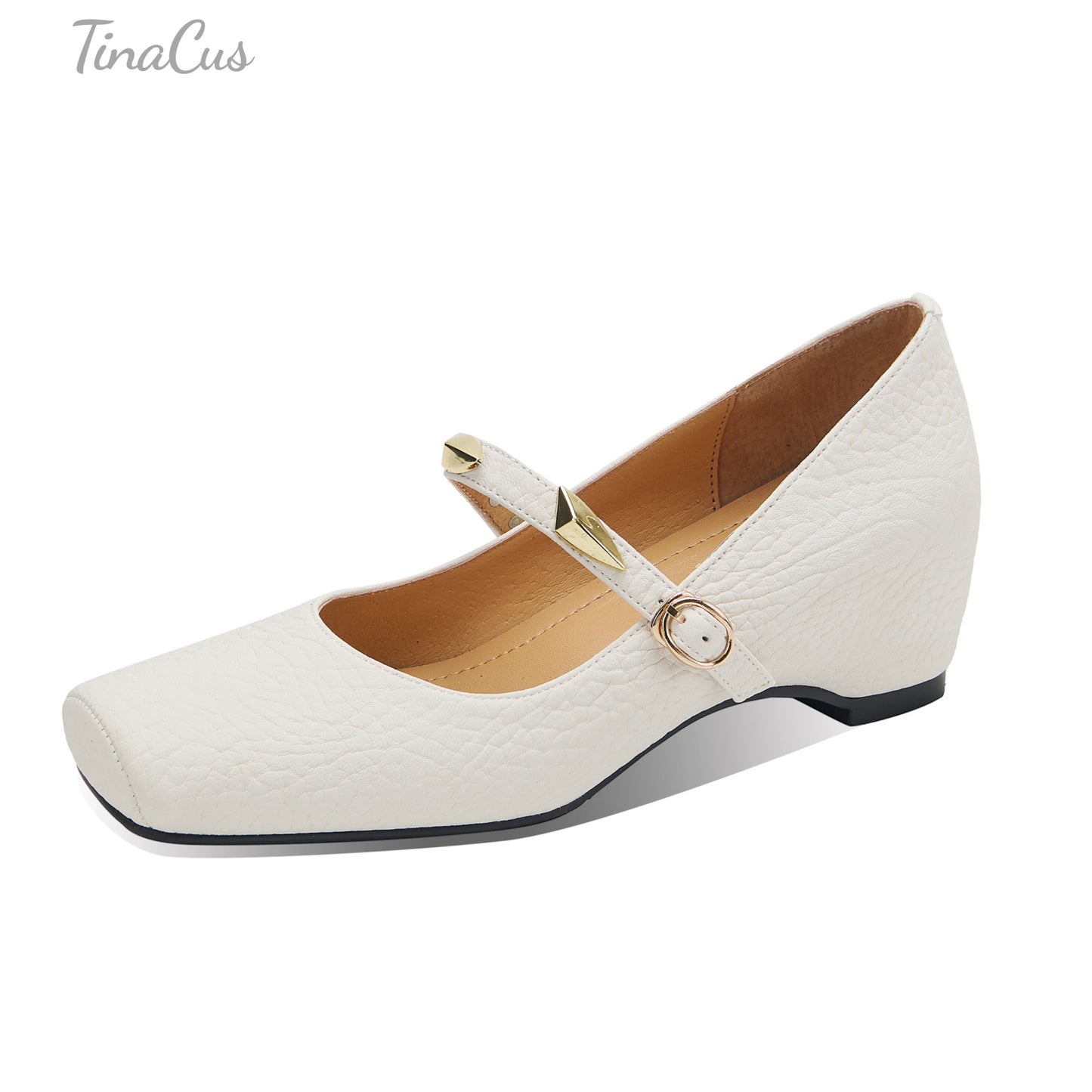 TinaCus Women's Square Toe Adjustable Buckle Pumps Genuine Leather Handmade Wedge Heel Mary Jane Shoes