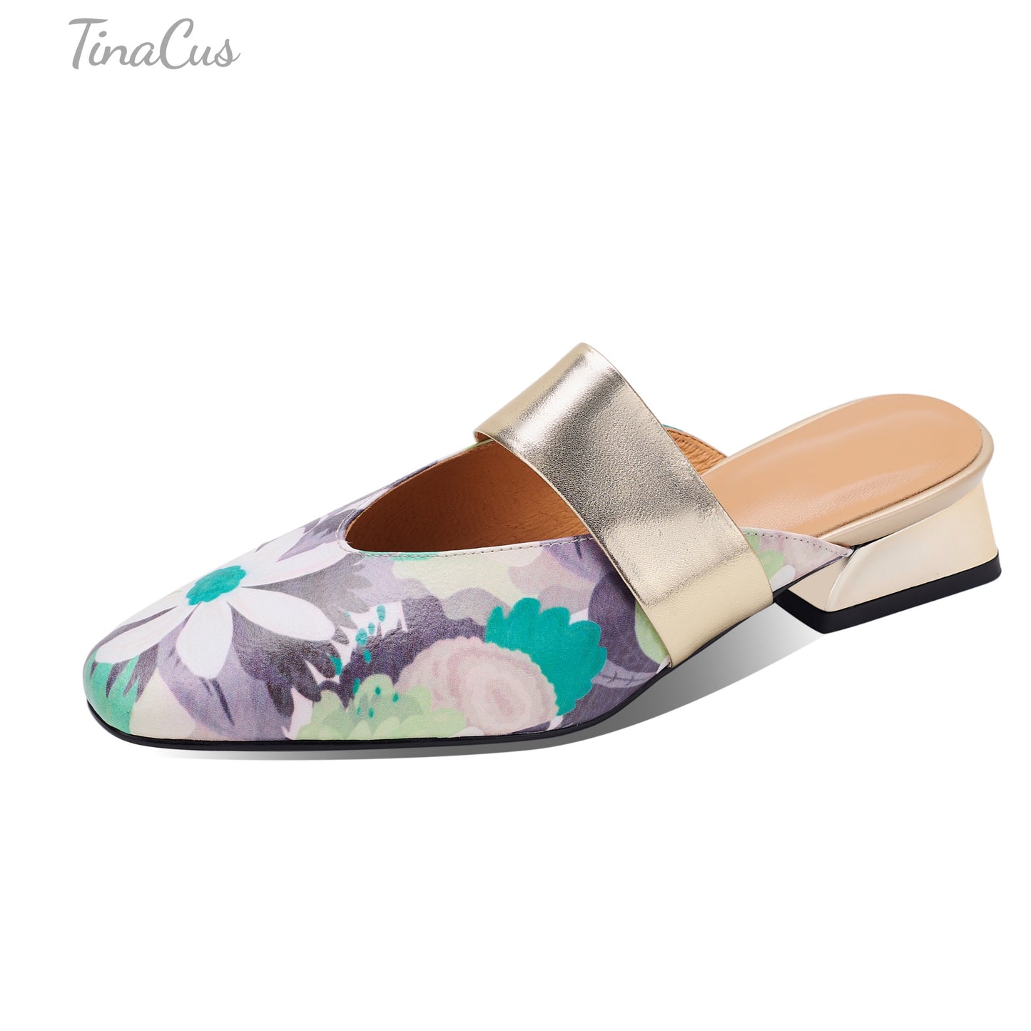 TinaCus Women's Floral Genuine Leather Strap Mules Handmade Square Toe Low Heel Backless Shoes