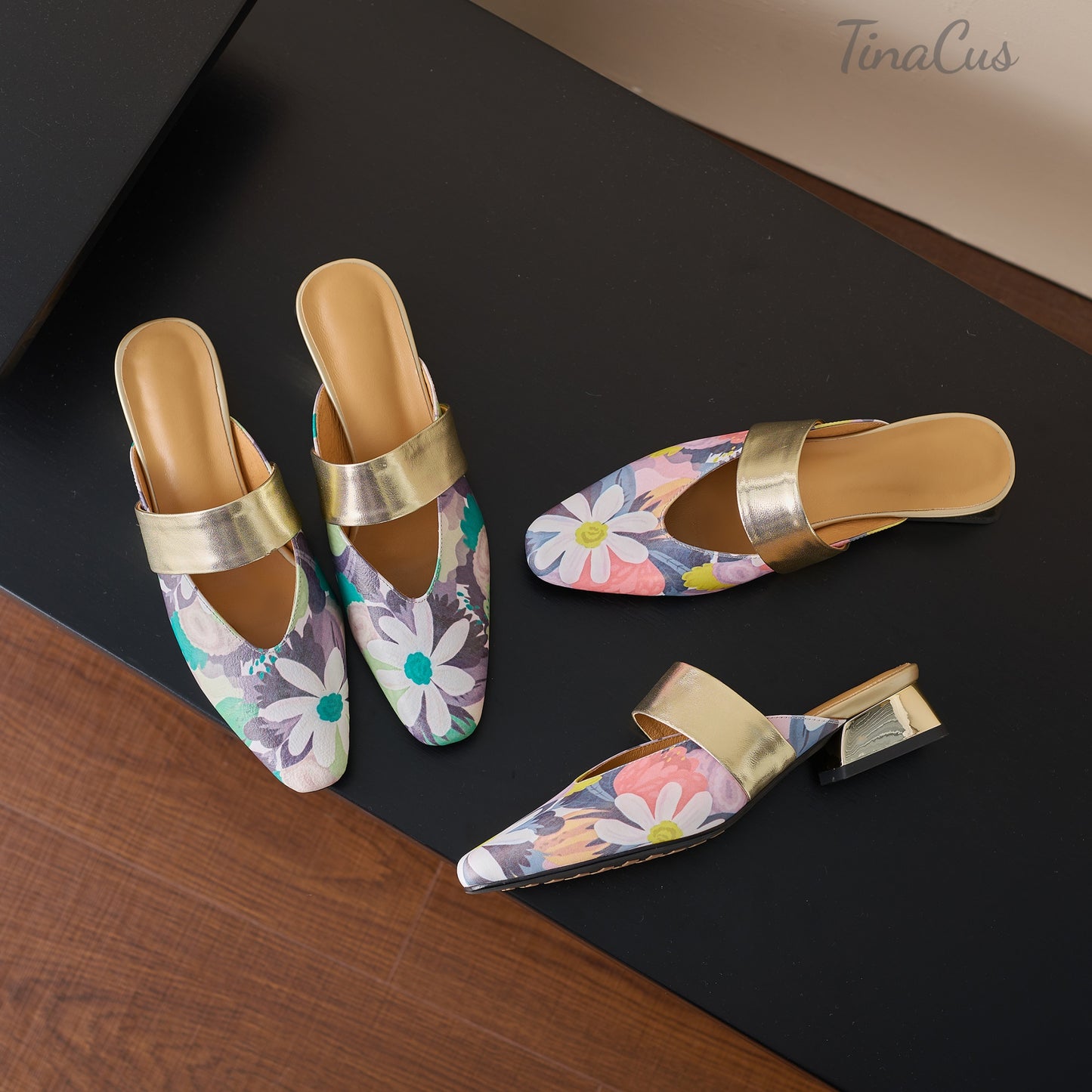 TinaCus Women's Floral Genuine Leather Strap Mules Handmade Square Toe Low Heel Backless Shoes