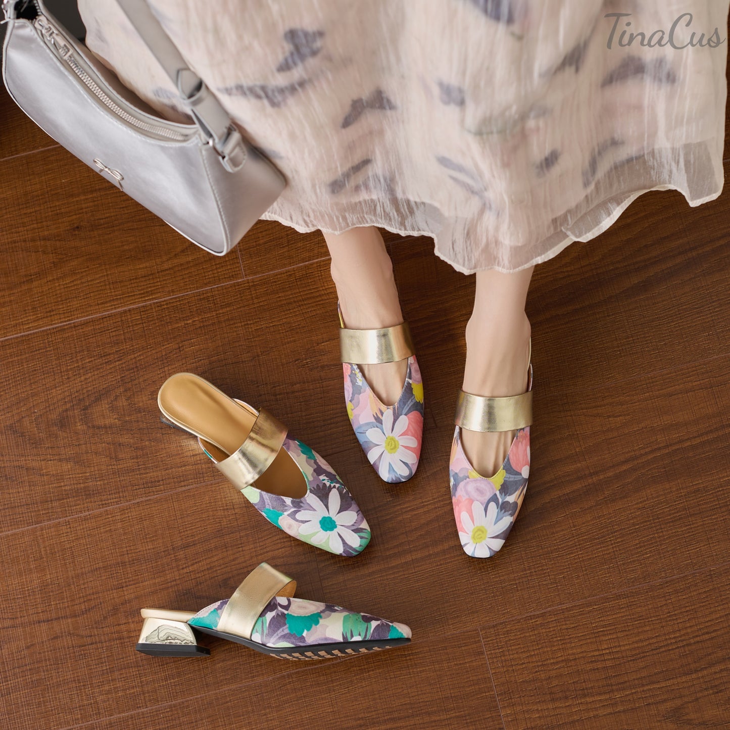 TinaCus Women's Floral Genuine Leather Strap Mules Handmade Square Toe Low Heel Backless Shoes