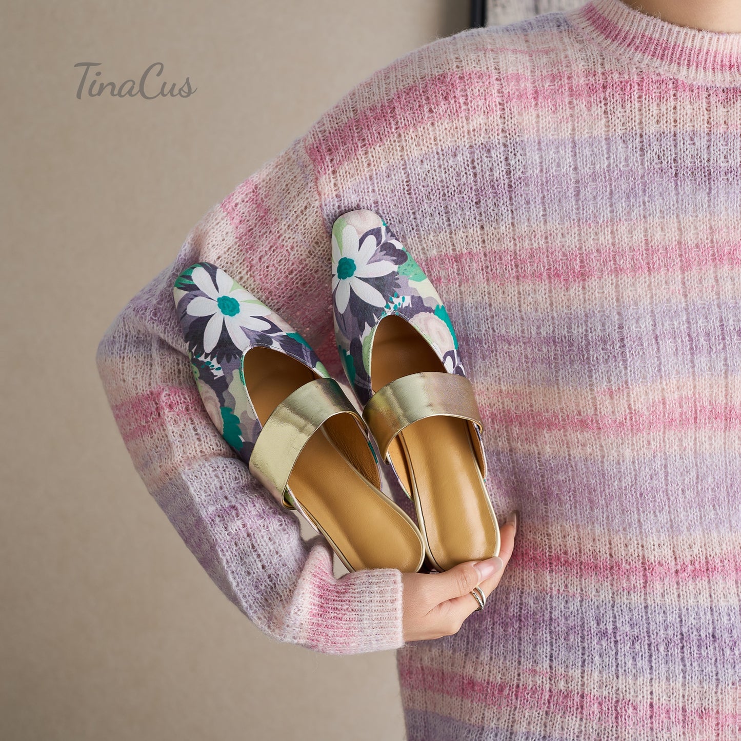 TinaCus Women's Floral Genuine Leather Strap Mules Handmade Square Toe Low Heel Backless Shoes