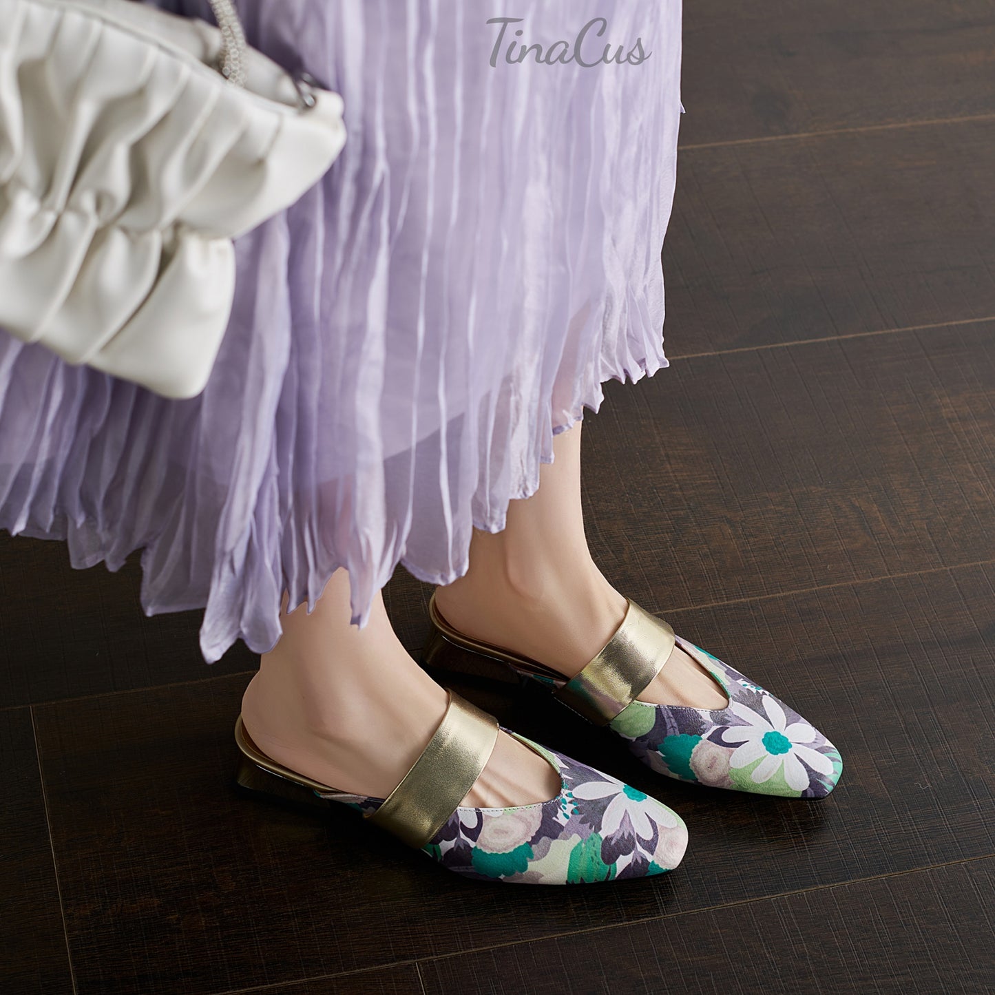 TinaCus Women's Floral Genuine Leather Strap Mules Handmade Square Toe Low Heel Backless Shoes