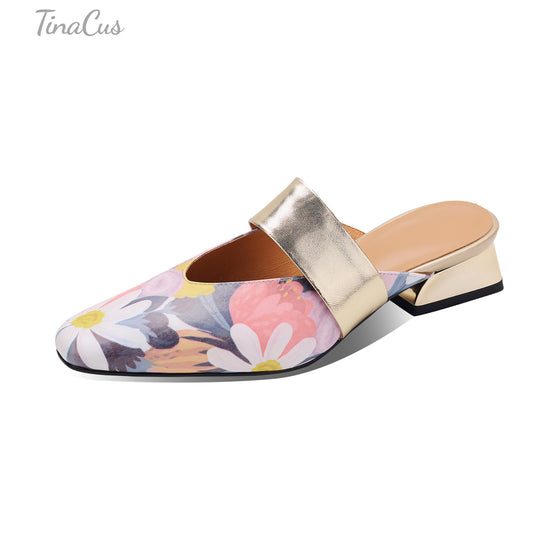 TinaCus Women's Floral Genuine Leather Strap Mules Handmade Square Toe Low Heel Backless Shoes