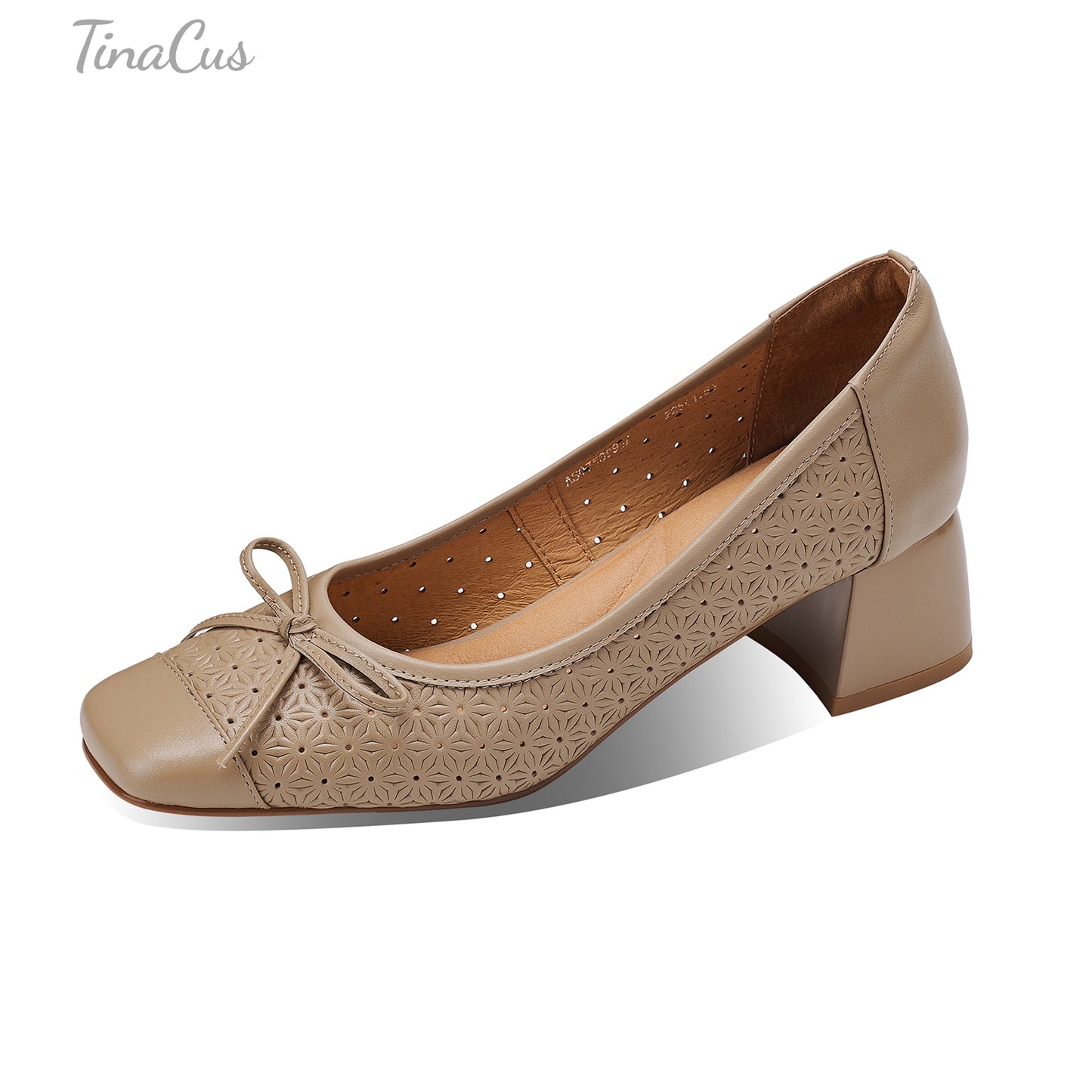 TinaCus Perforated Genuine Leather Women's Pumps Handmade Square Toe Cute Bowknot Chunky Heel Loafers Shoes