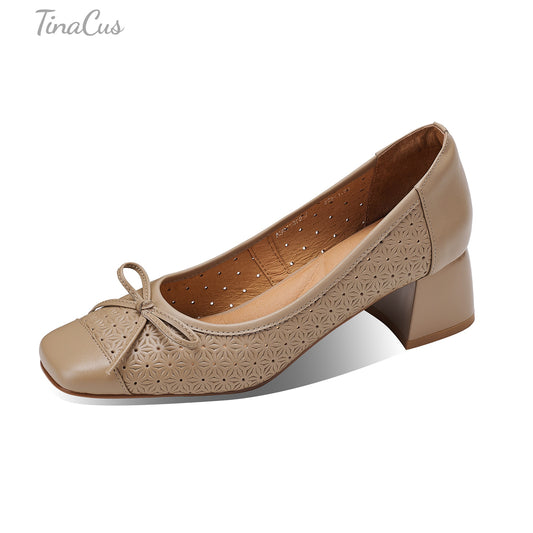 TinaCus Perforated Genuine Leather Women's Pumps Handmade Square Toe Cute Bowknot Chunky Heel Loafers Shoes