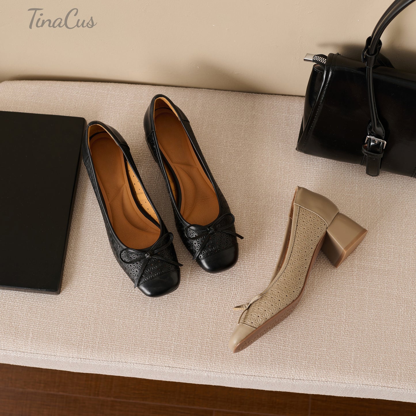 TinaCus Perforated Genuine Leather Women's Pumps Handmade Square Toe Cute Bowknot Chunky Heel Loafers Shoes