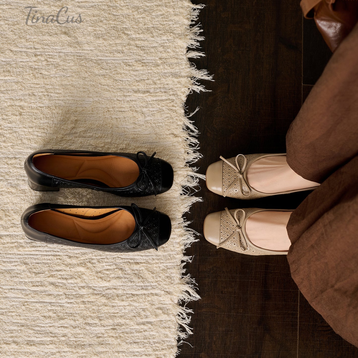 TinaCus Perforated Genuine Leather Women's Pumps Handmade Square Toe Cute Bowknot Chunky Heel Loafers Shoes