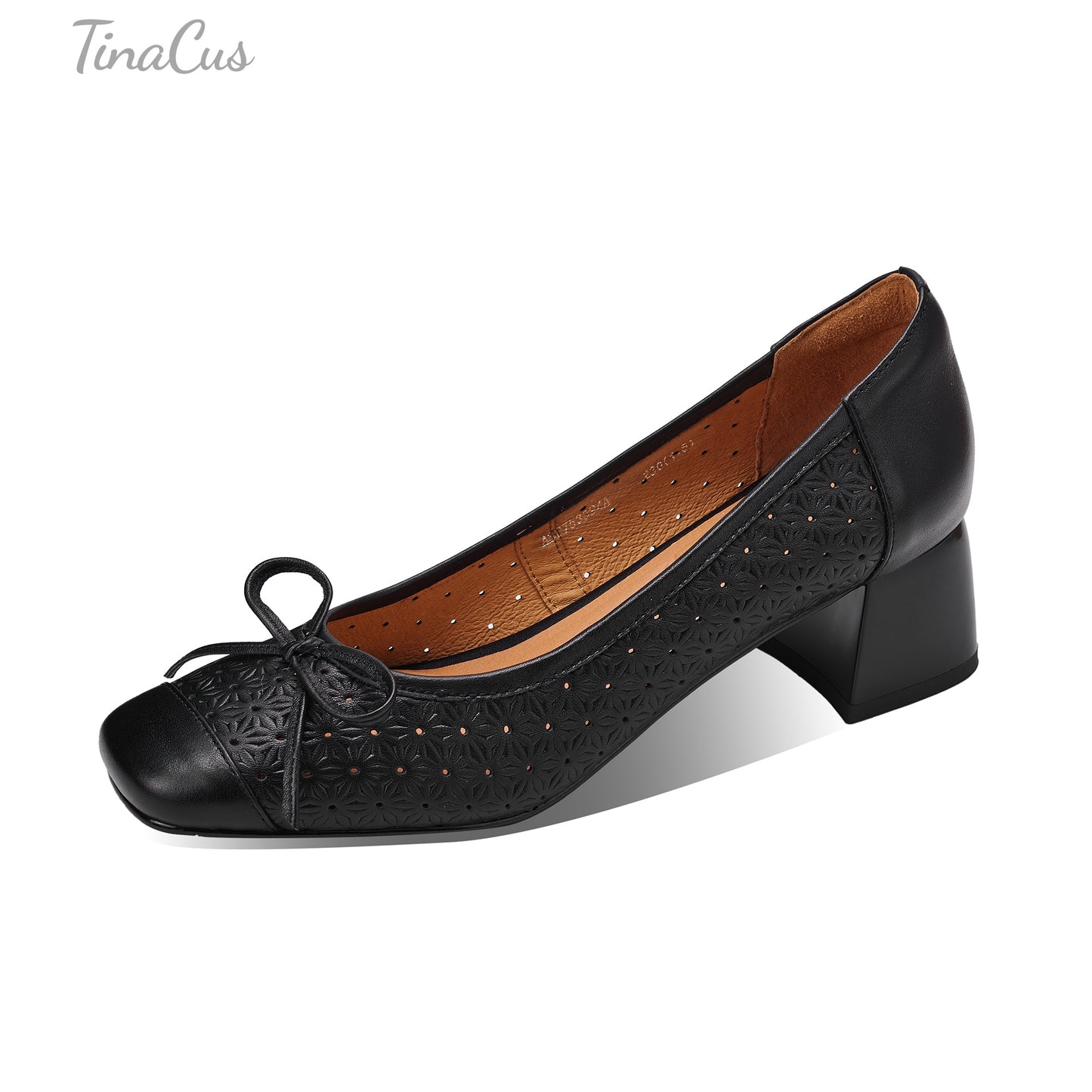TinaCus Perforated Genuine Leather Women's Pumps Handmade Square Toe Cute Bowknot Chunky Heel Loafers Shoes