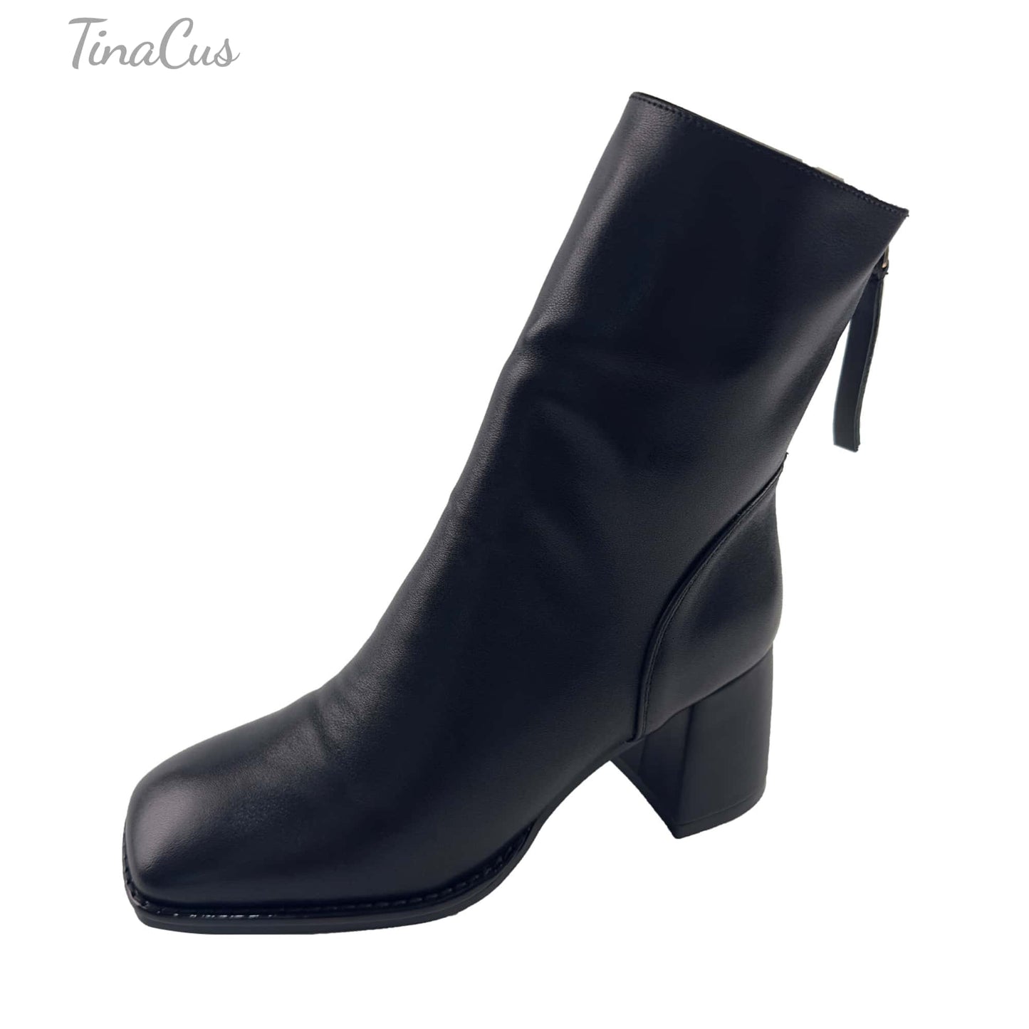 TinaCus Women's Genuine Leather Handmade Retro Square Toe Back Zip Up Mid Stacked Heel Ankle Booties
