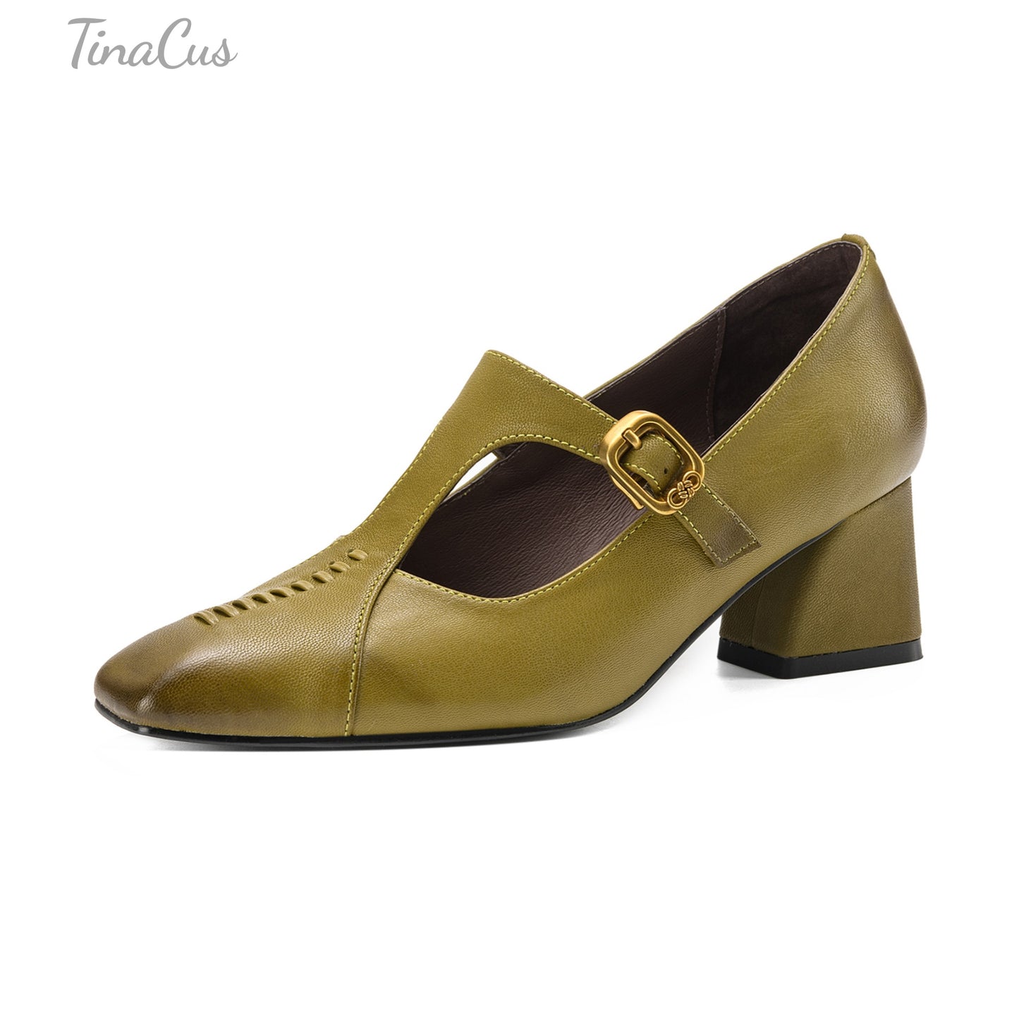 TinaCus Genuine Leather Handmade T-Strap Buckle Women's Square Toe Stylish Chunky Heels