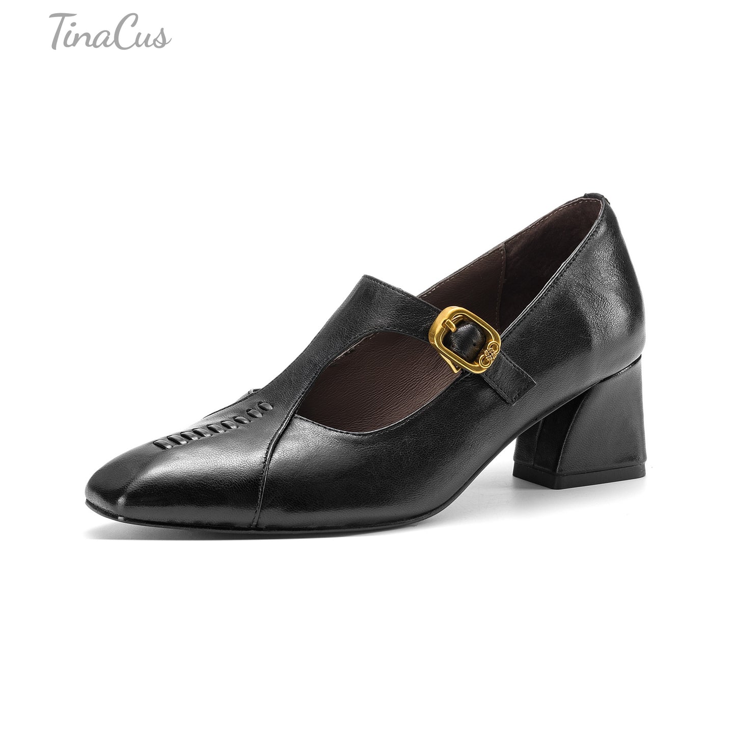 TinaCus Genuine Leather Handmade T-Strap Buckle Women's Square Toe Stylish Chunky Heels