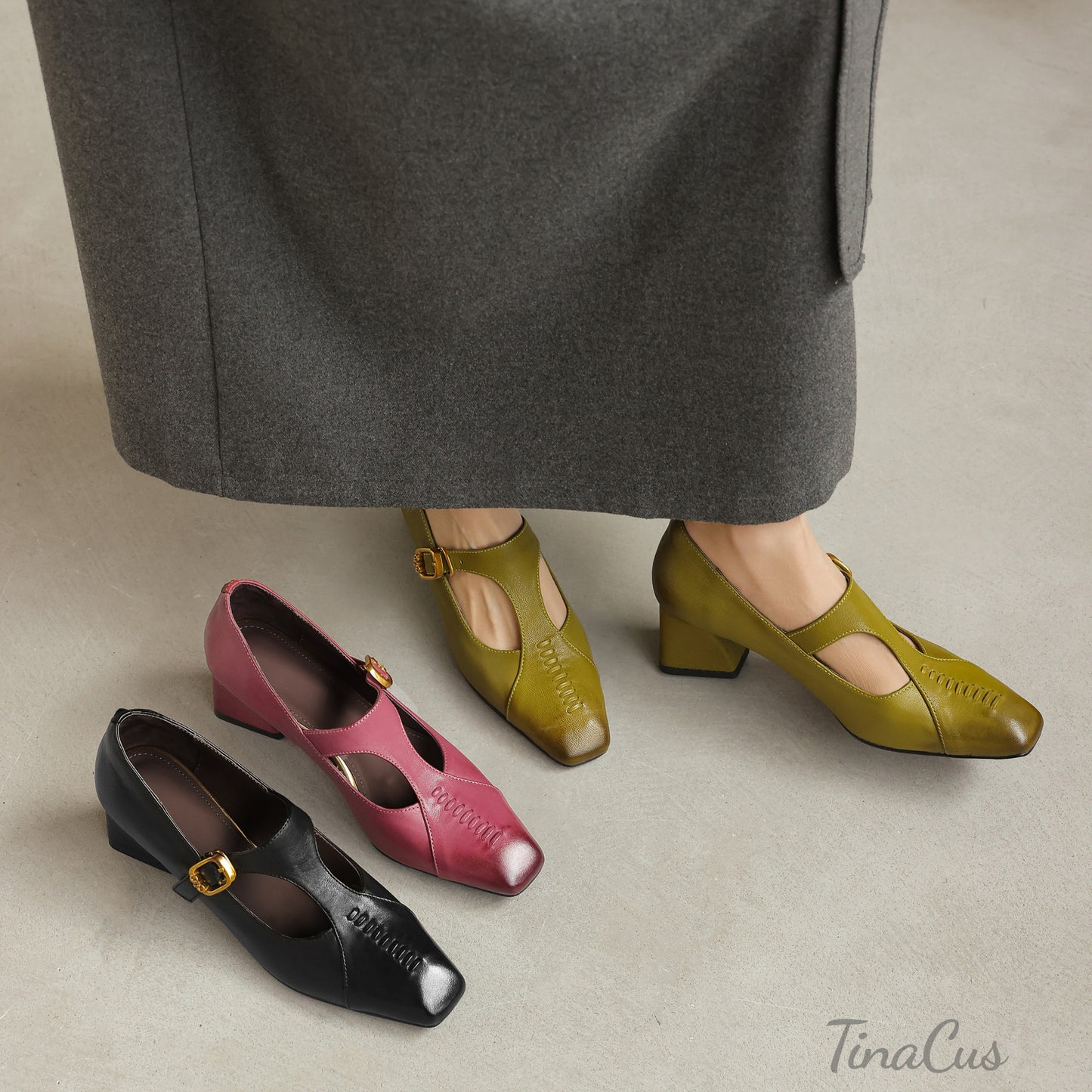 TinaCus Genuine Leather Handmade T-Strap Buckle Women's Square Toe Stylish Chunky Heels