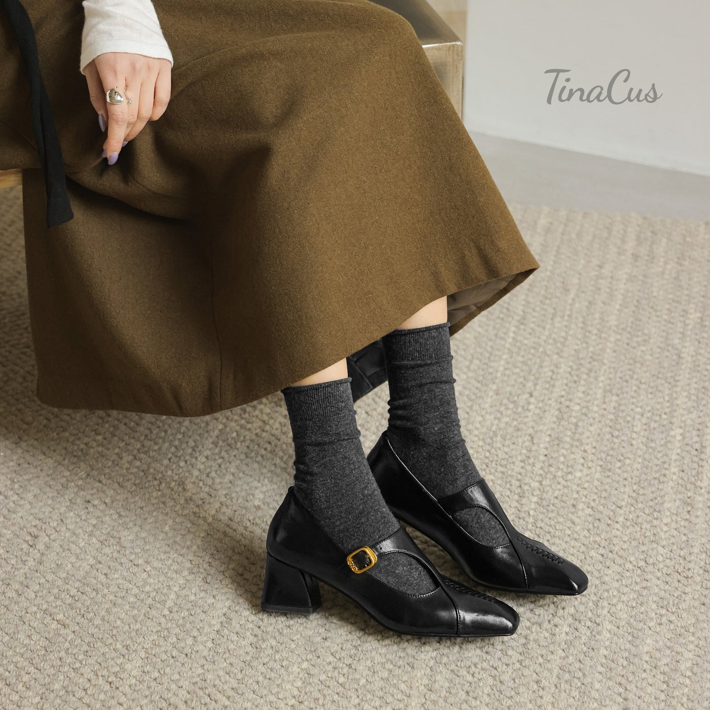 TinaCus Genuine Leather Handmade T-Strap Buckle Women's Square Toe Stylish Chunky Heels