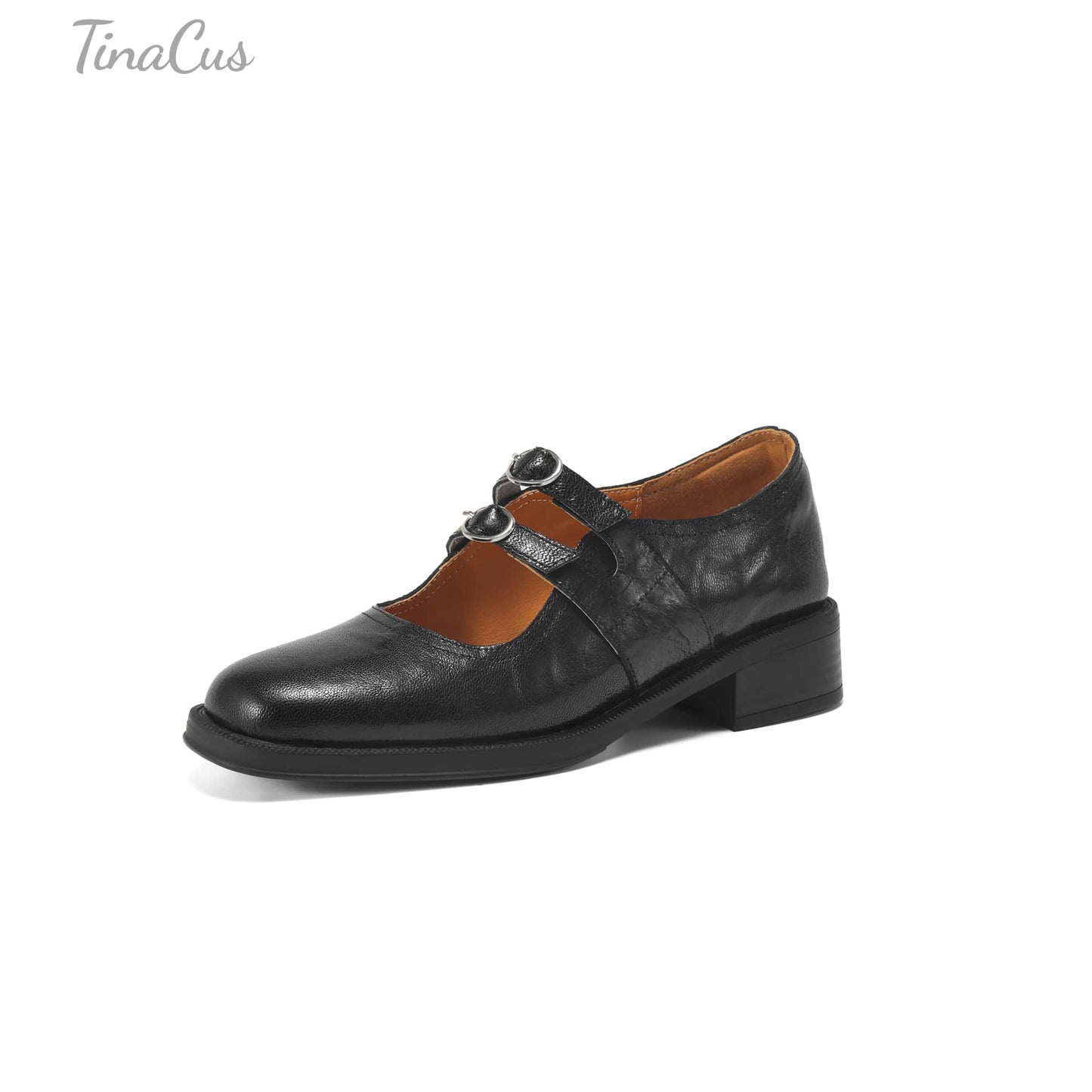 TinaCus Handmade Women's Genuine Leather Square Toe Mary Janes for Women with Double Straps Buckle