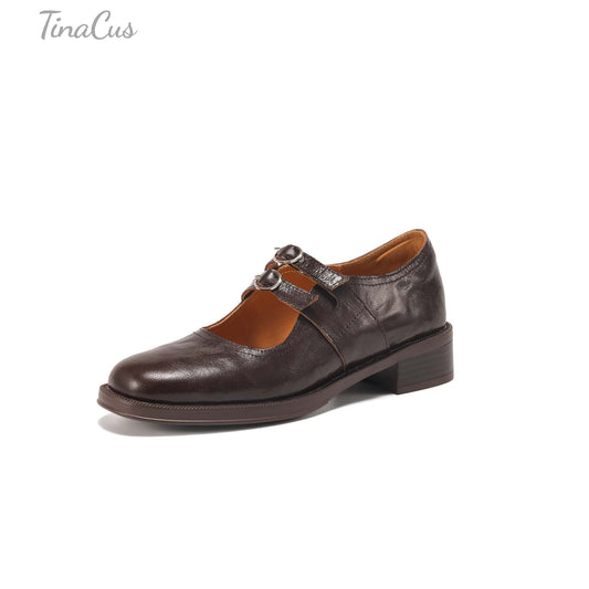 TinaCus Handmade Women's Genuine Leather Square Toe Mary Janes for Women with Double Straps Buckle