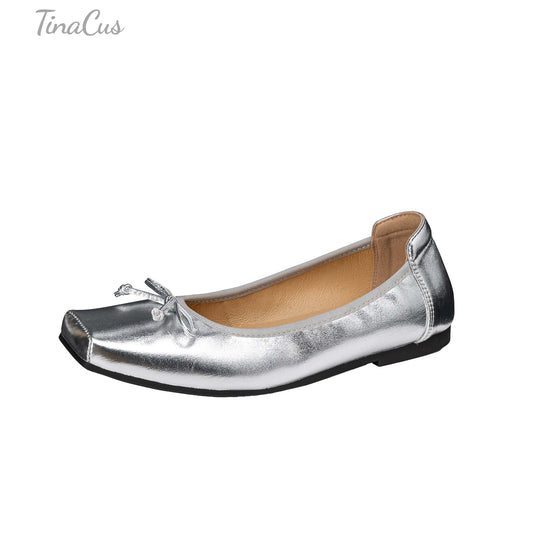 TinaCus Handmade Women's Genuine Leather Soft Slip on Square Toe Ballet Flats Shoes with Bow