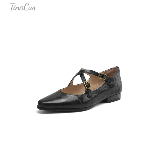TinaCus Handmade Women's Genuine Leather Round Toe Metal Crossover Buckle Classic Mary Jane Flats