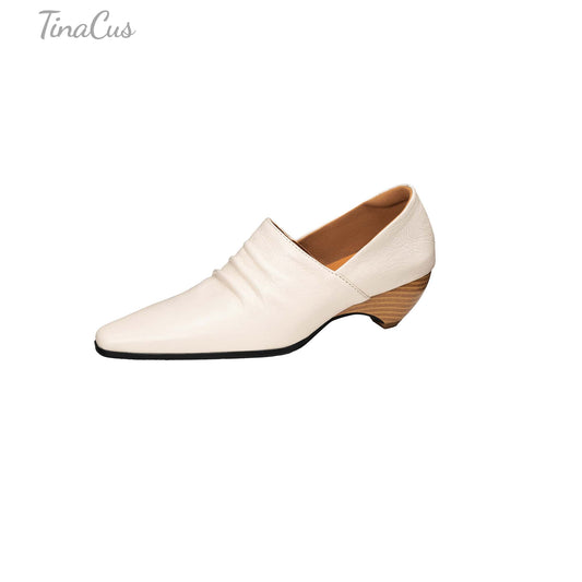 TinaCus Women's Slip-on Pumps Handmade Genuine Leather Pointed Toe Chunky Heel Casual Shoes