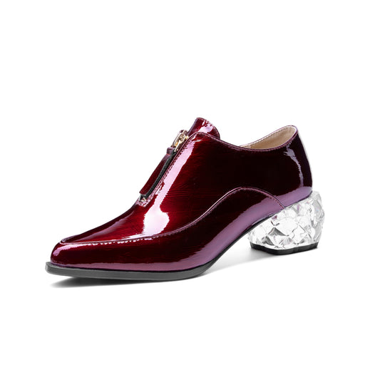 TinaCus Women's Glossy Patent Leather Handmade Clear Pointed Toe Chunky Heel Front Zip Pumps