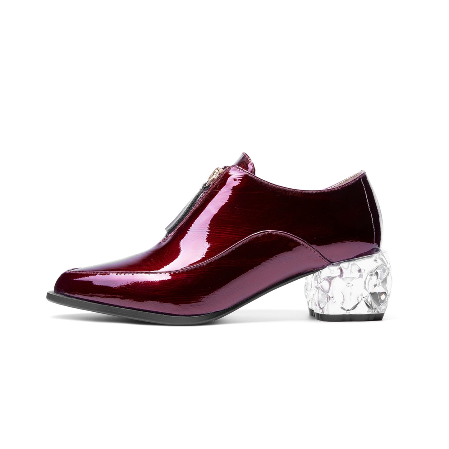 TinaCus Women's Glossy Patent Leather Handmade Clear Pointed Toe Chunky Heel Front Zip Pumps