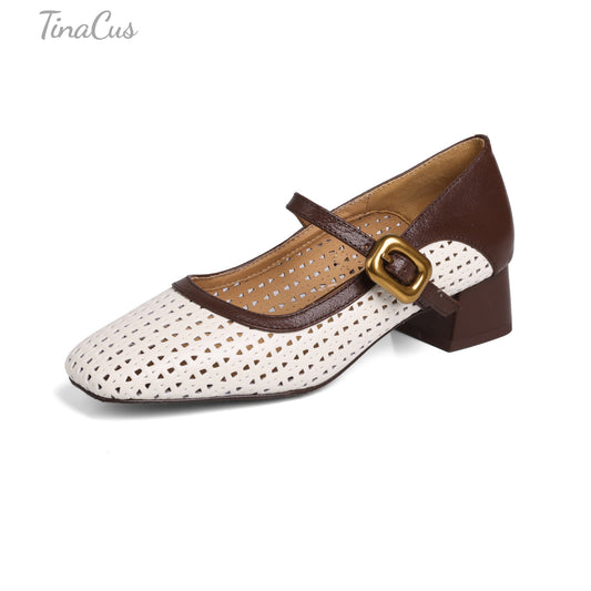 TinaCus Women's Square Toe Genuine Leather with Holes Low Chunky Heels Handmade Mary Jane Shoes