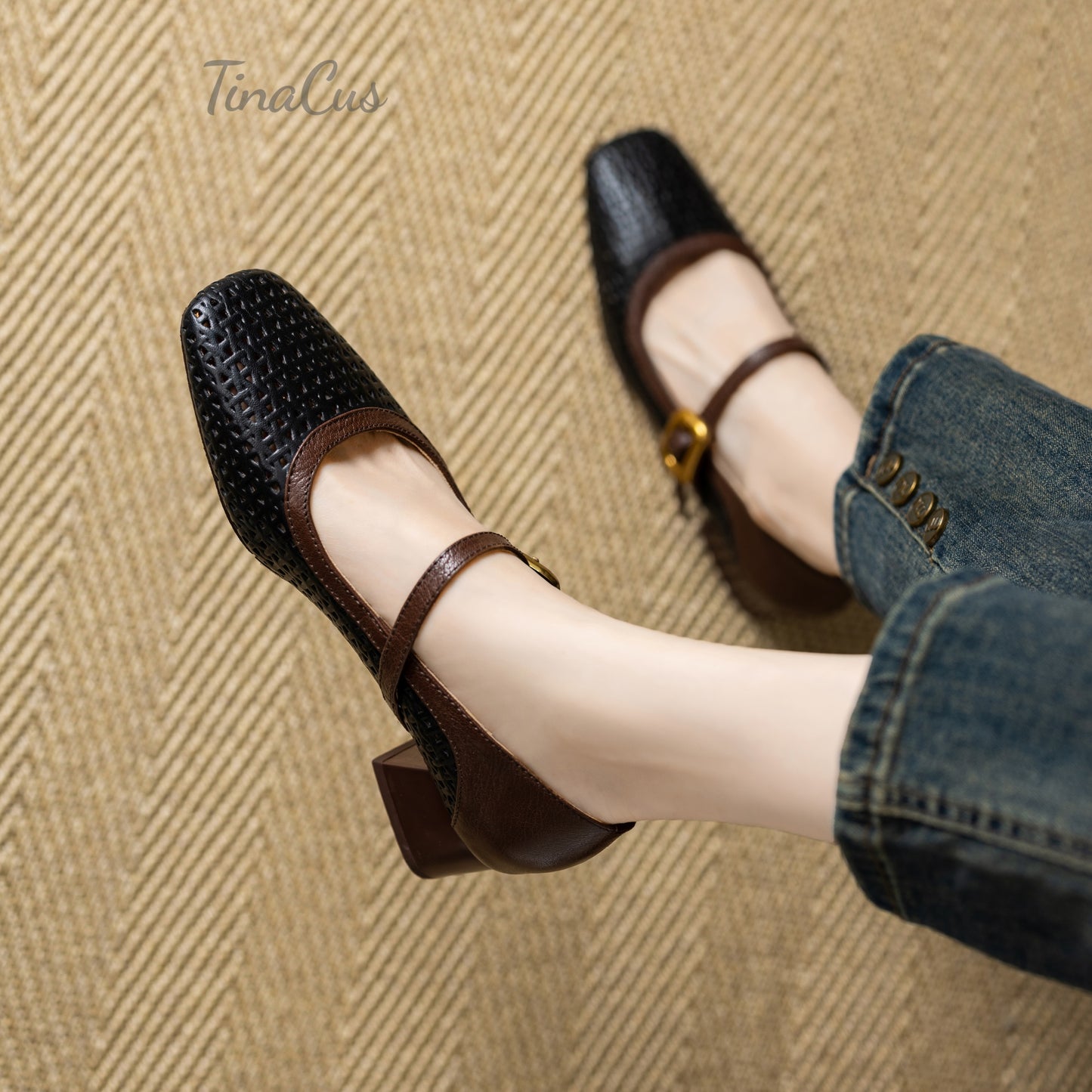 TinaCus Women's Square Toe Genuine Leather with Holes Low Chunky Heels Handmade Mary Jane Shoes