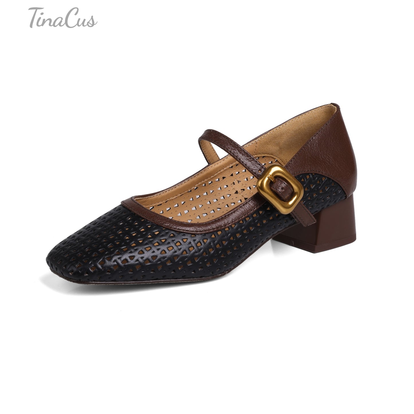 TinaCus Women's Square Toe Genuine Leather with Holes Low Chunky Heels Handmade Mary Jane Shoes