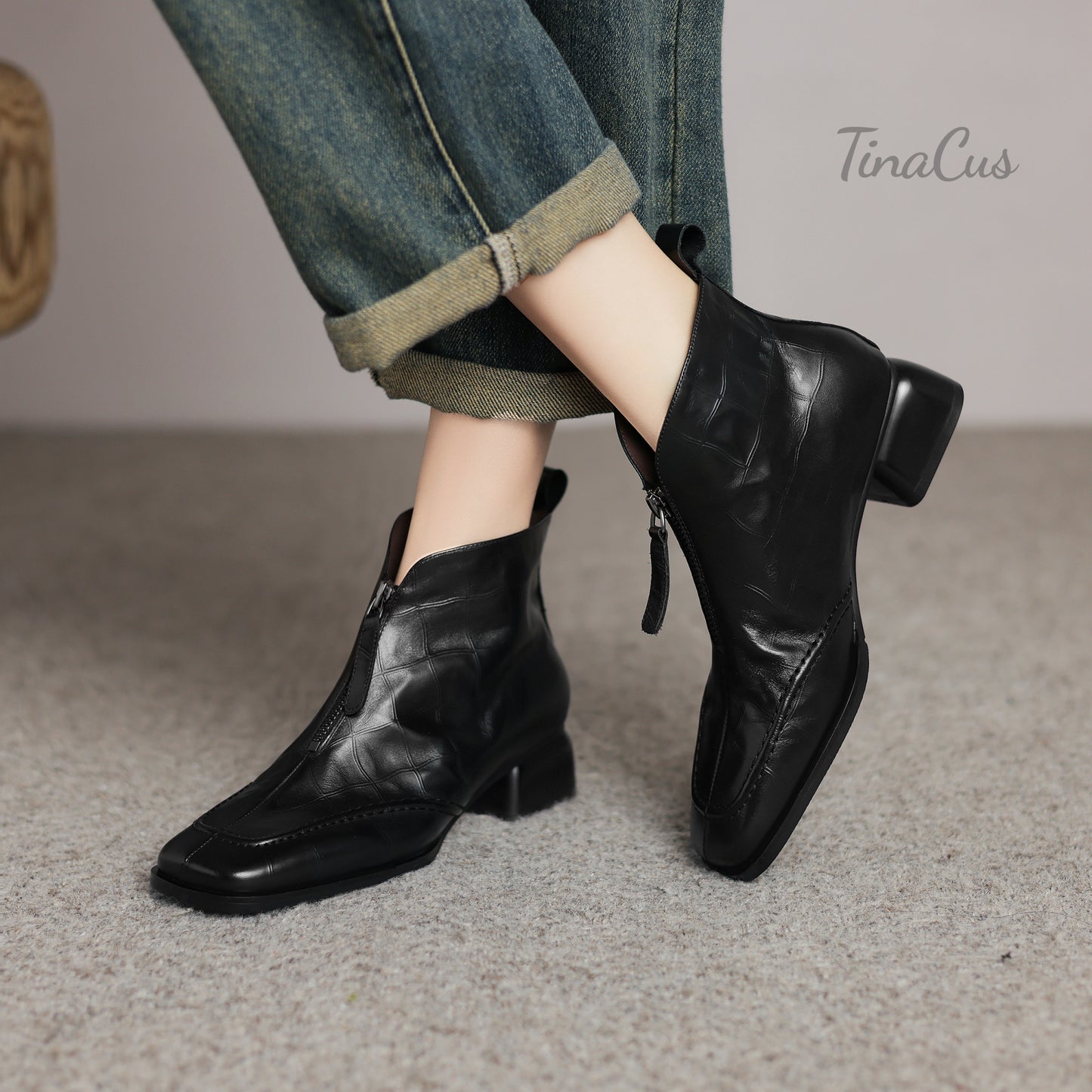 TinaCus Women's Square Toe Handmade Front Zipper Low Chunky Heels Genuine Leather Casual Ankle Boots