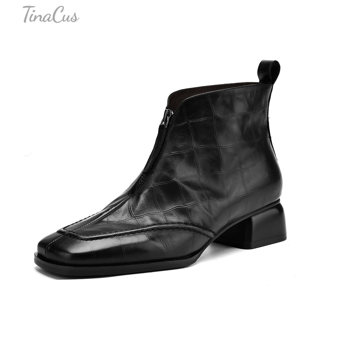 TinaCus Women's Square Toe Handmade Front Zipper Low Chunky Heels Genuine Leather Casual Ankle Boots