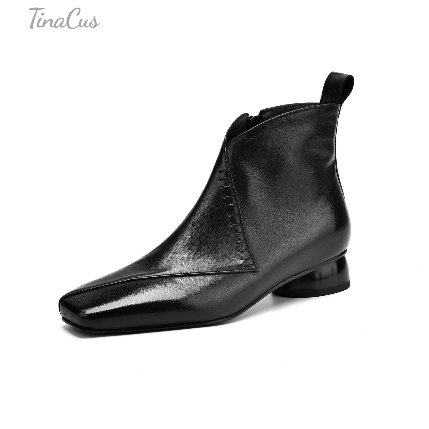 TinaCus Genuine Leather Women's Square Toe Side Zipper Low Heels Handmade Ankle Boots
