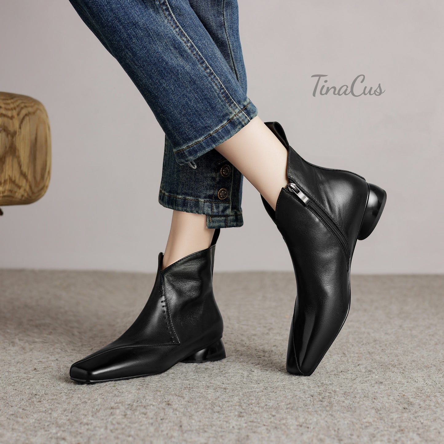 TinaCus Genuine Leather Women's Square Toe Side Zipper Low Heels Handmade Ankle Boots