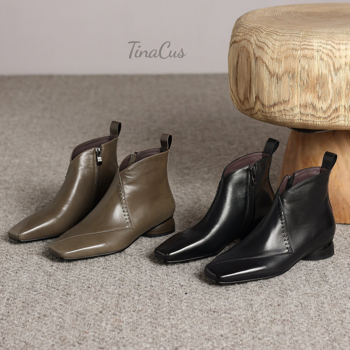 TinaCus Genuine Leather Women's Square Toe Side Zipper Low Heels Handmade Ankle Boots